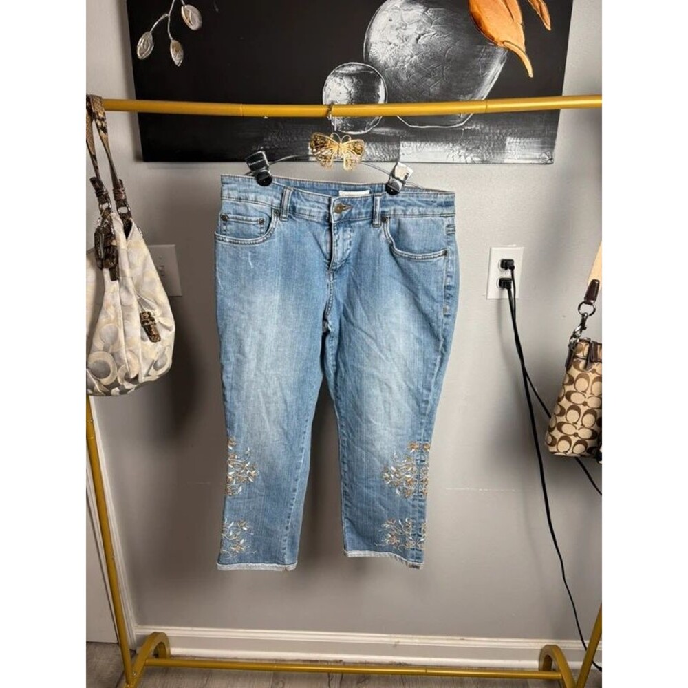 Coldwater Creek Floral Embroidered Denim Capri Jeans Size P8 / Petite 8